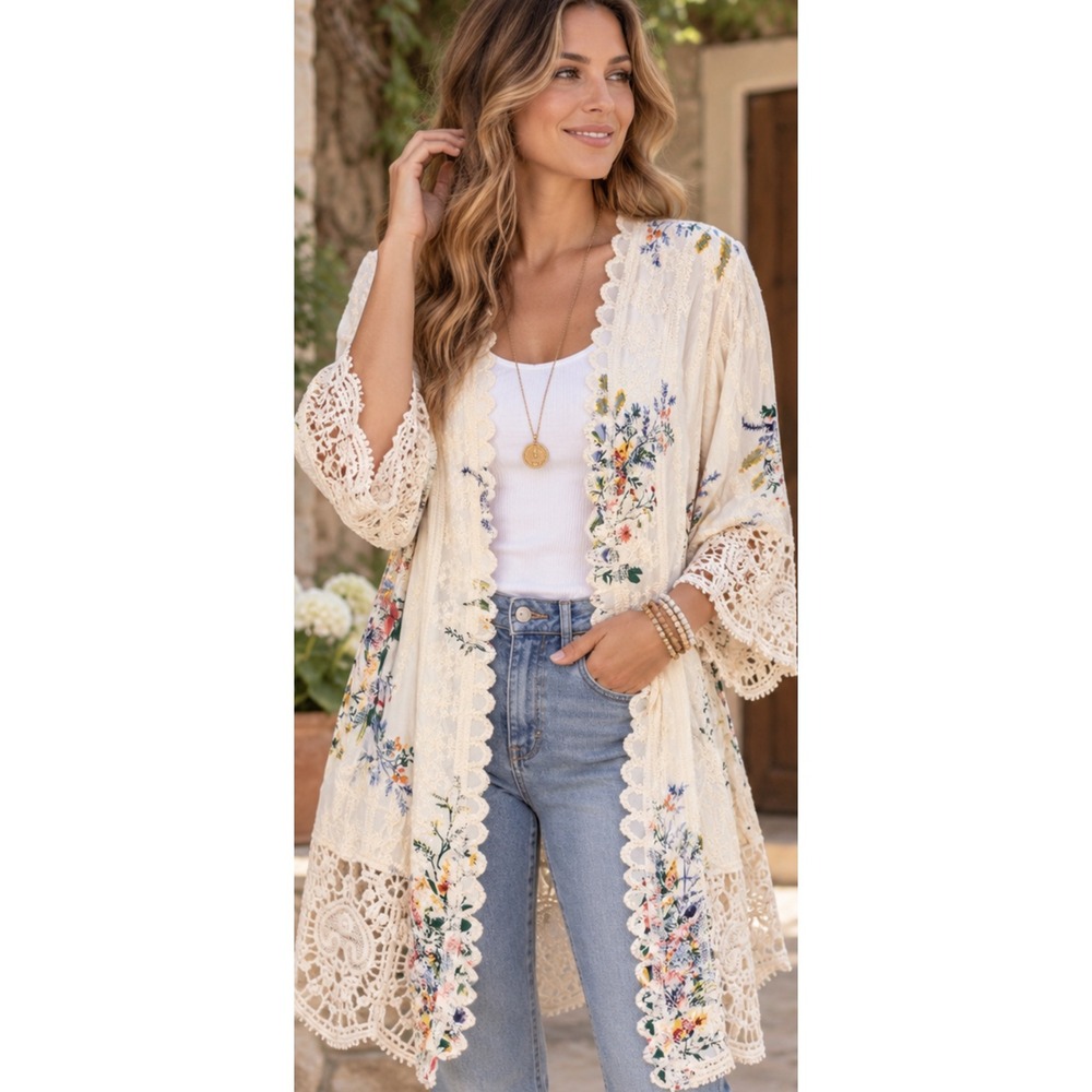 Solitaire Floral Embroidered Crochet Lace Trim Kimono Cardigan Cream 1X 18-1314X